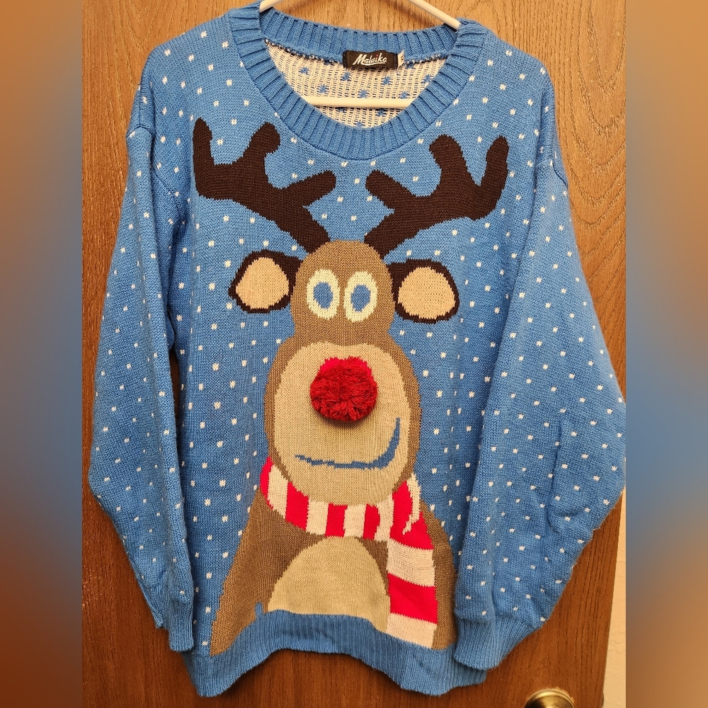Malaika Blue Knit Reindeer Sweater